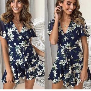 Angashion M V Neck Mini Dress Floral Short Sleeve Sashes Summer Dress New